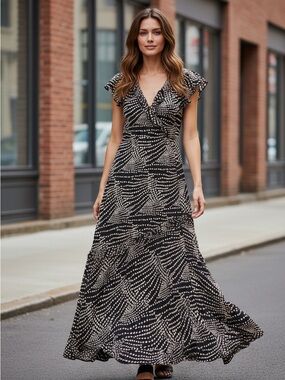 Lola P Black Cream Dot Swirl Print Maxi Dress Size S Rayon Flutter Sleeve Boho